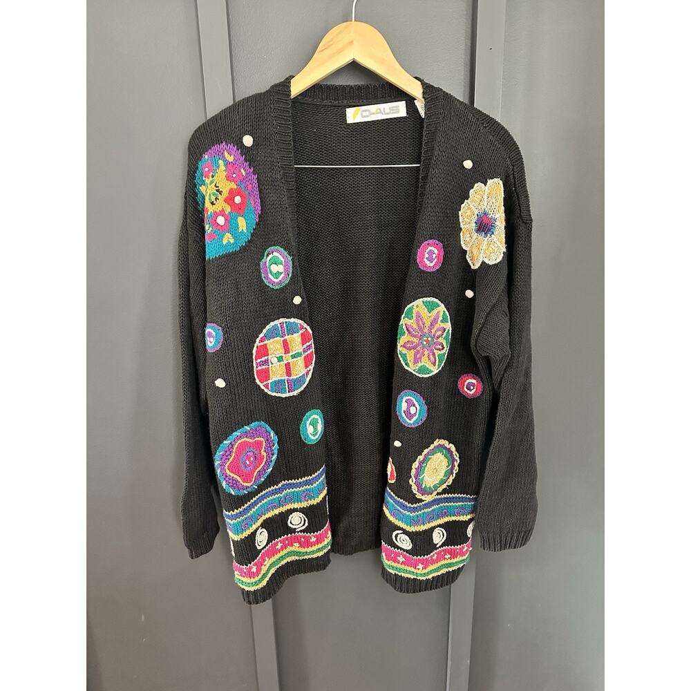 Vintage Chaus Sweater Cardigan Womens Medium Black Embroidered Floral Embroidery